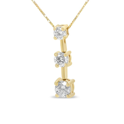 14K Gold Round Diamond Three-Stone Drop Pendant 18&quot; Necklace - (H-I Color, SI1-SI2 Clarity)