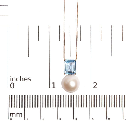 14K Rose Gold 11MM Cultured Freshwater Pearl and 9x7mm Octagon Swiss Blue Topaz Pendant Necklace - 18&quot; Inches