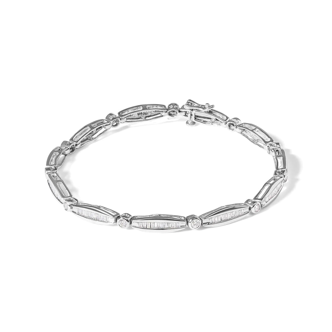 14K White Gold 1-1/2 Cttw Round Brilliant-Cut &amp; Baguette Cut Diamond Bezel and Tapered Link 7&quot; Tennis Bracelet (H-I Color, I1-I2 Clarity)