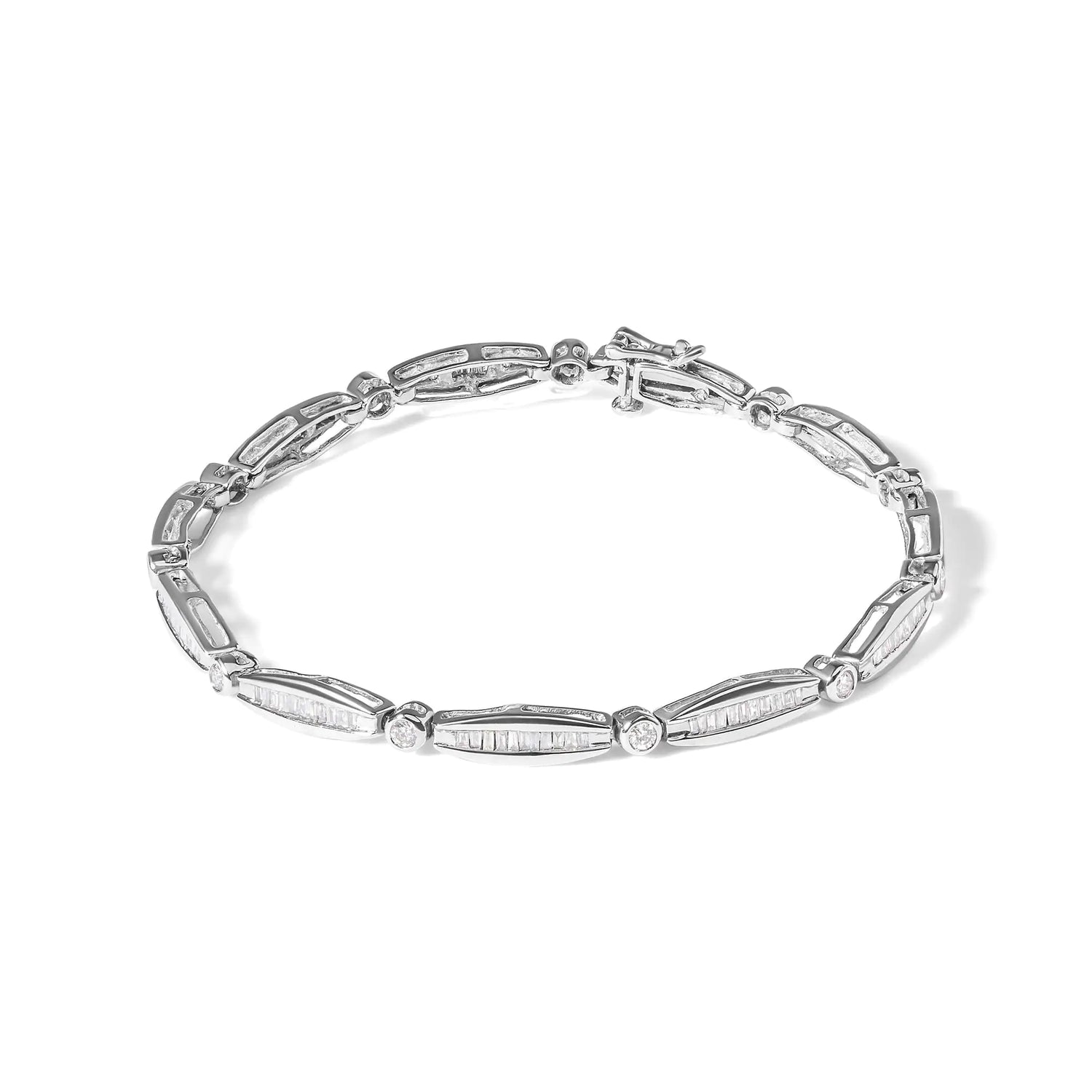 14K White Gold 1-1/2 Cttw Round Brilliant-Cut &amp; Baguette Cut Diamond Bezel and Tapered Link 7&quot; Tennis Bracelet (H-I Color, I1-I2 Clarity)