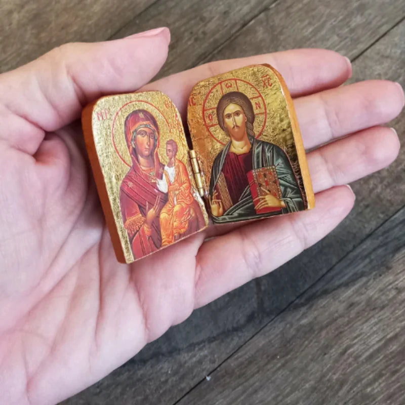 Wooden Christ &amp; Virgin Icon Diptych