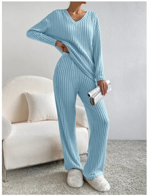 V-Neck Striped Suit &amp; Straight-Leg Pants Set