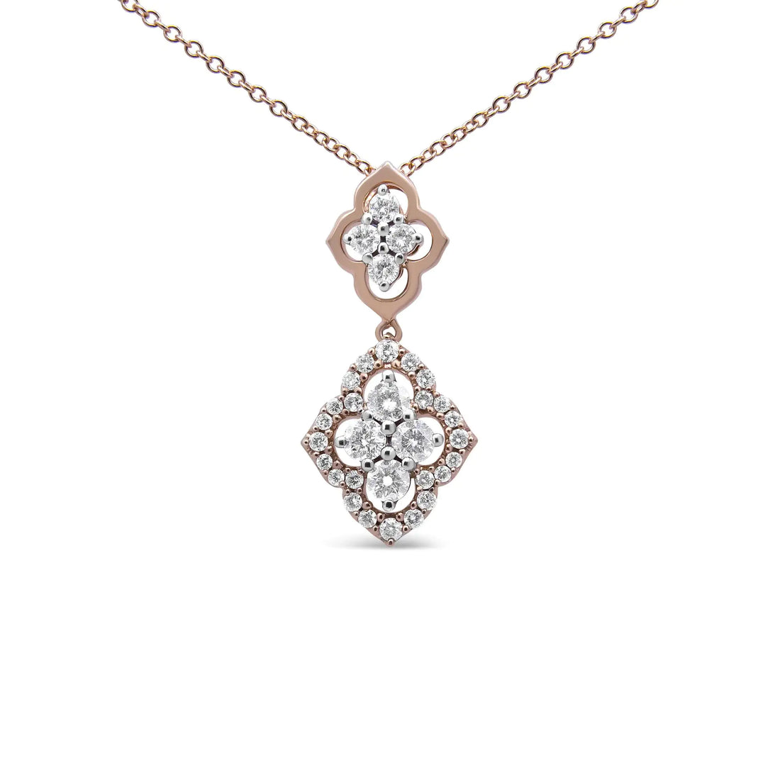 14K Rose Gold 3/4 Cttw Round Diamond Double Quatrefoil Pendant 18&quot; Necklace (H-I Color, I1-I2 Clarity)