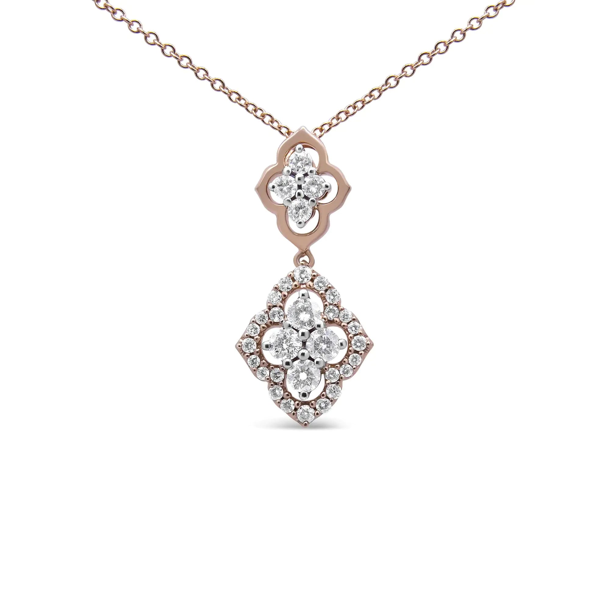 14K Rose Gold 3/4 Cttw Round Diamond Double Quatrefoil Pendant 18&quot; Necklace (H-I Color, I1-I2 Clarity)