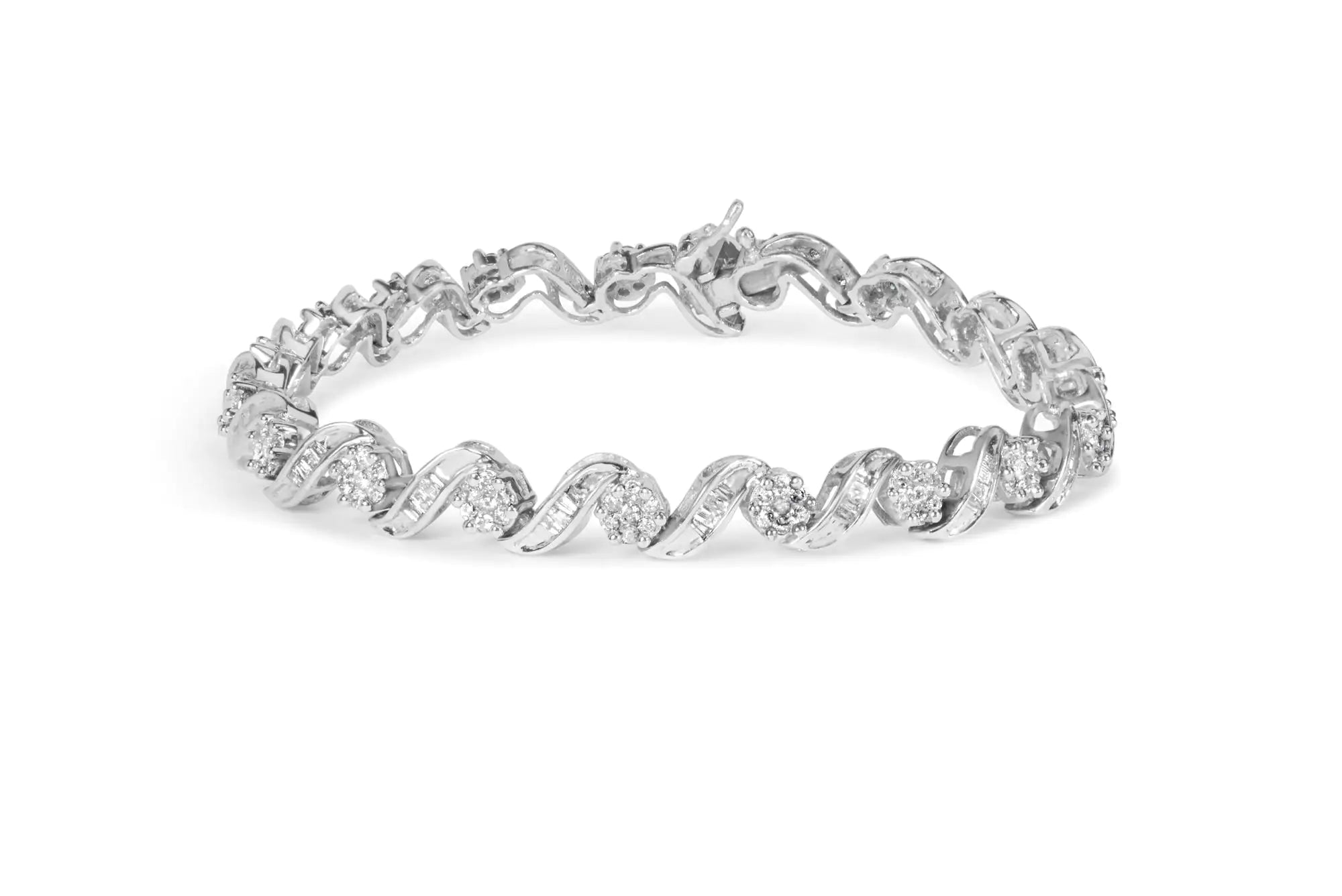 14K White Gold 2.00 Cttw Diamond Cluster and Spiral Link Bracelet (I-J Color, I1-I2 Clarity) - 7&quot;