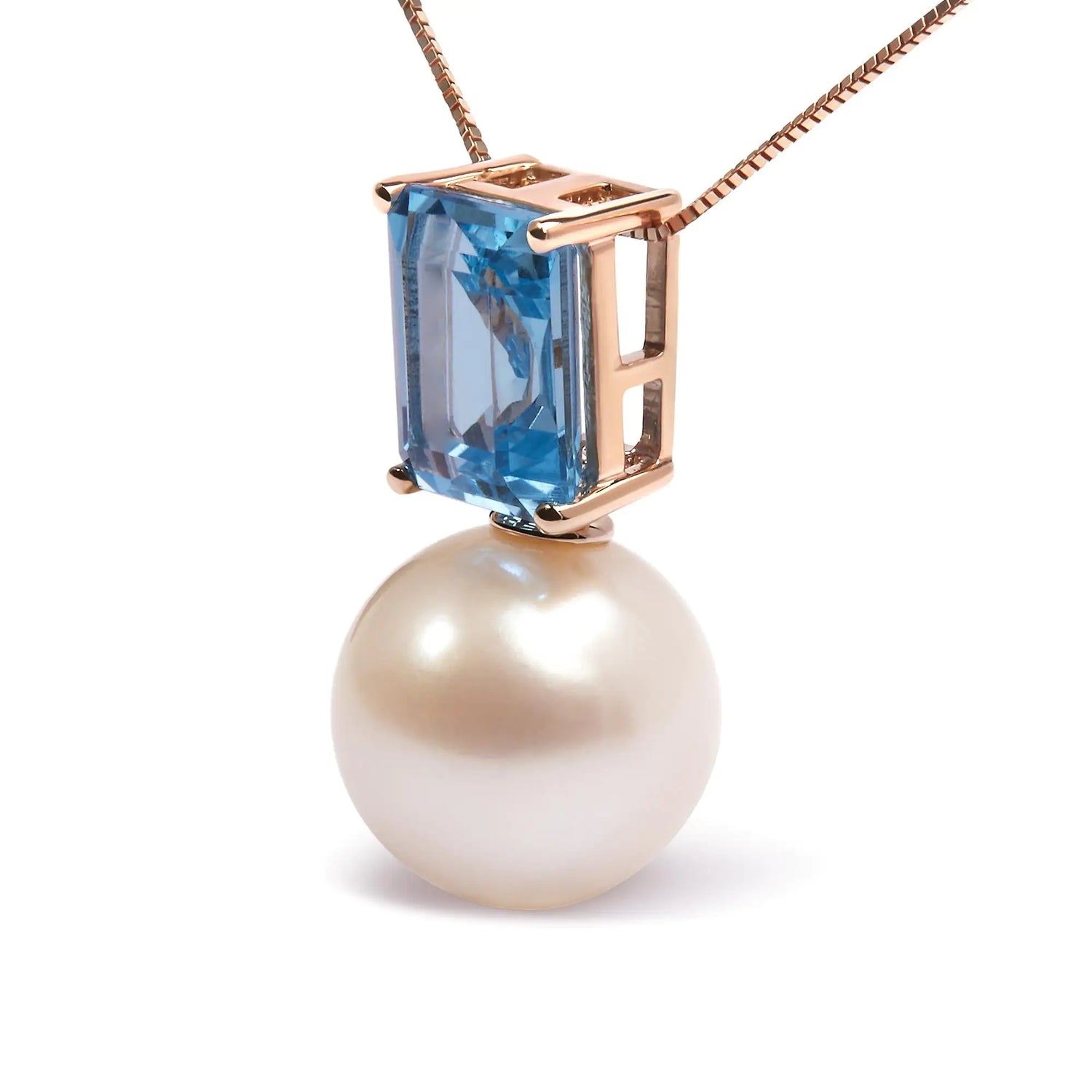 14K Rose Gold 11MM Cultured Freshwater Pearl and 9x7mm Octagon Swiss Blue Topaz Pendant Necklace - 18&quot; Inches