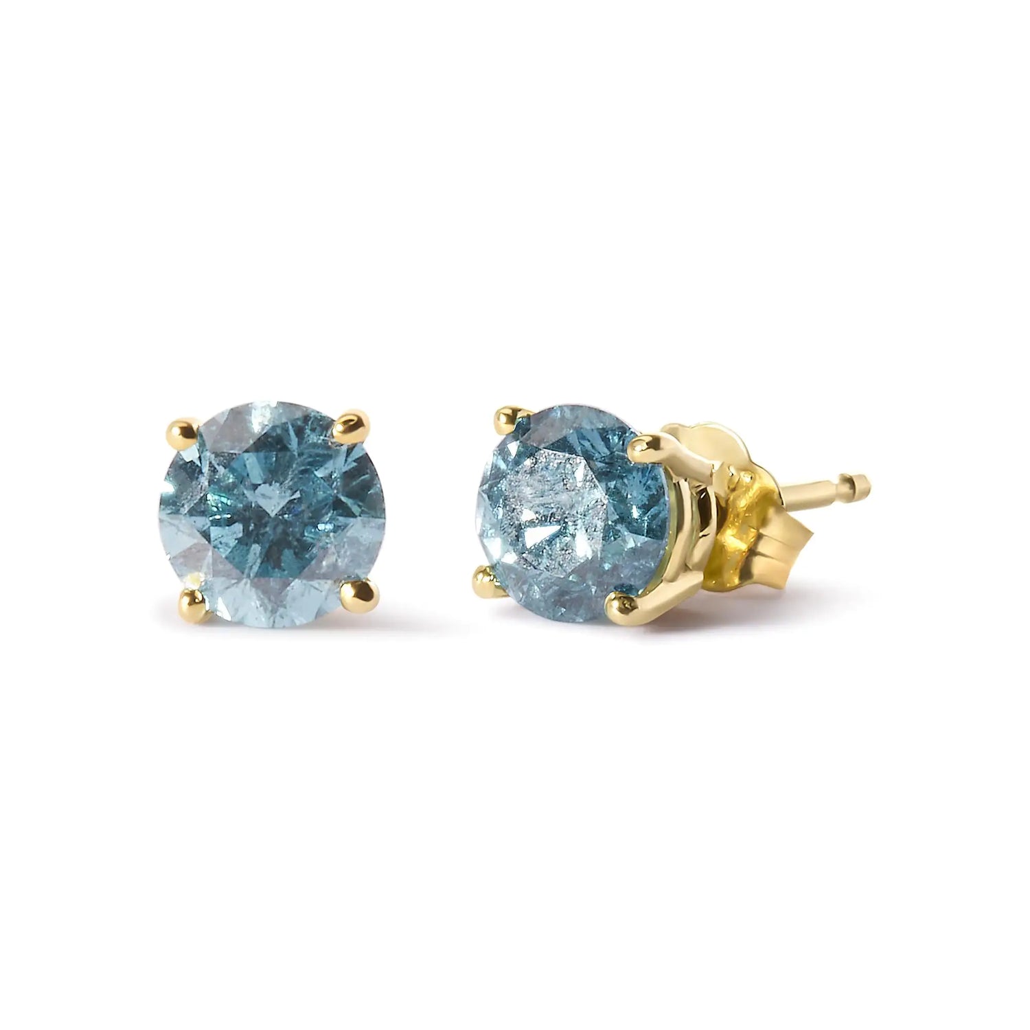 14K Yellow Gold 1.0 Cttw Treated Aqua Blue Diamond Classic Solitaire Stud Earrings (Aqua Blue Color, I2-I3 Clarity)