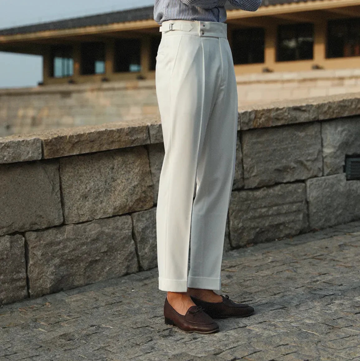 White High-Waist Retro Straight Trousers - Italian Business Style