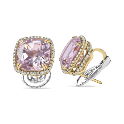 18K Rose and White Gold 9/10 Cttw Round Diamond and 15mm Cushion Cut Rose De France Pink Amethyst Gemstone Clip On Stud Earring (G-H Color, SI1-SI2 Clarity)