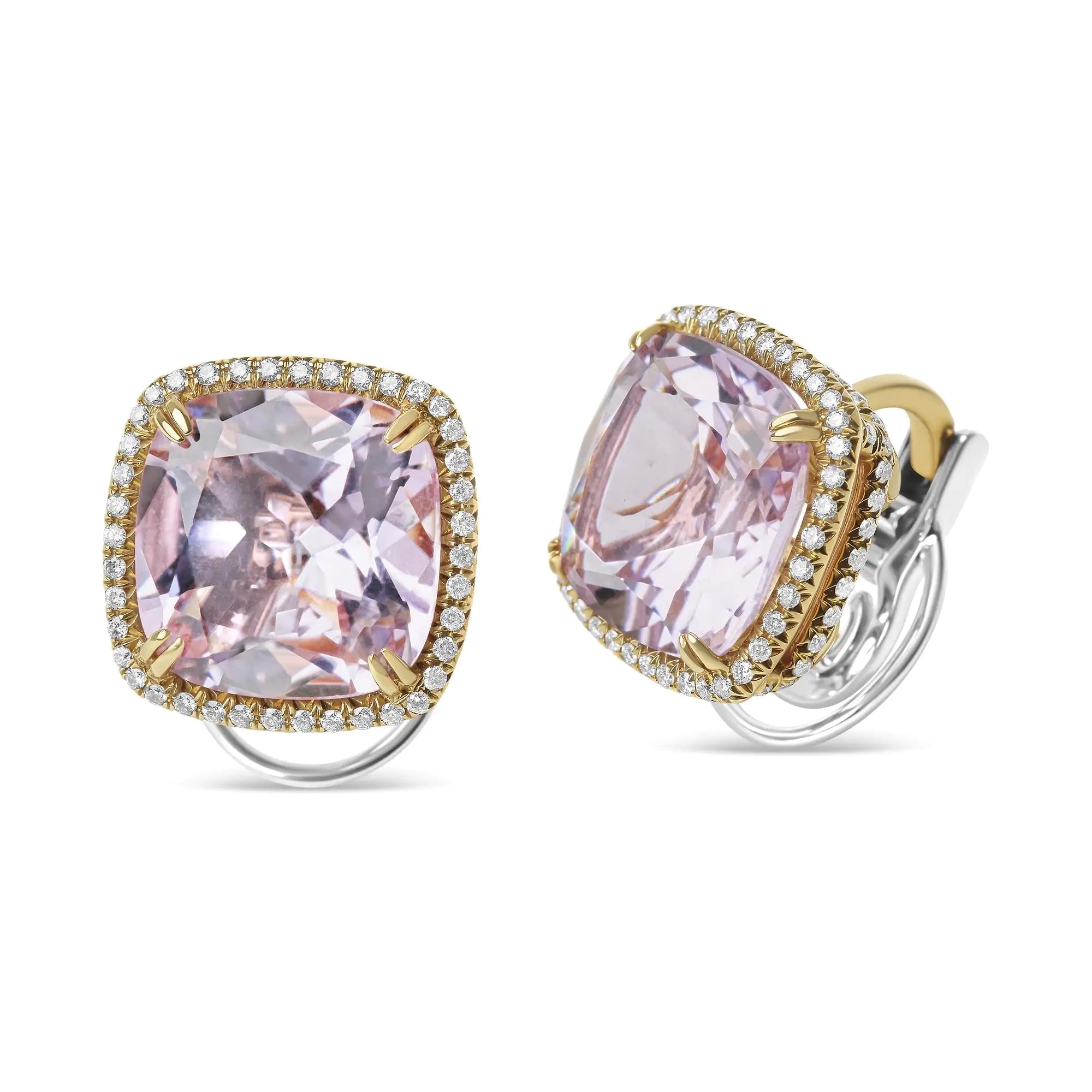 18K Rose and White Gold 9/10 Cttw Round Diamond and 15mm Cushion Cut Rose De France Pink Amethyst Gemstone Clip On Stud Earring (G-H Color, SI1-SI2 Clarity)