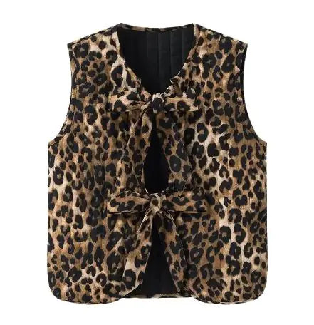 Corduroy Leopard Bow Lace Up Slim Fit Vest Top