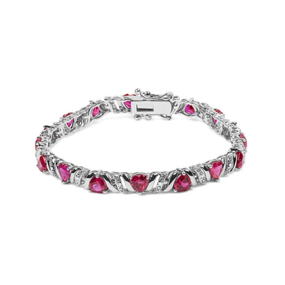 .925 Sterling Silver Created Heart Shape Red Ruby and White Diamond Accent Link Bracelet (I-J Color, I3 Clarity)- 7.25&quot; Inches