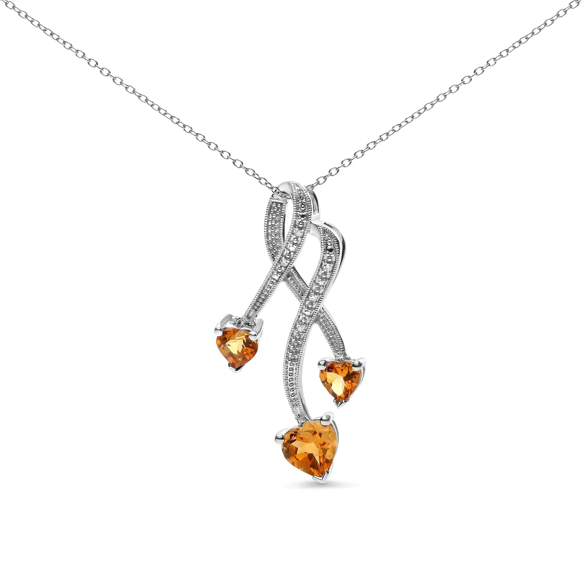 .925 Sterling Silver 3-Stone Heart Shape Citrine and Diamond Accent Spiral Drop 18&quot; Pendant Necklace (H-I Color, SI1-SI2 Clarity)