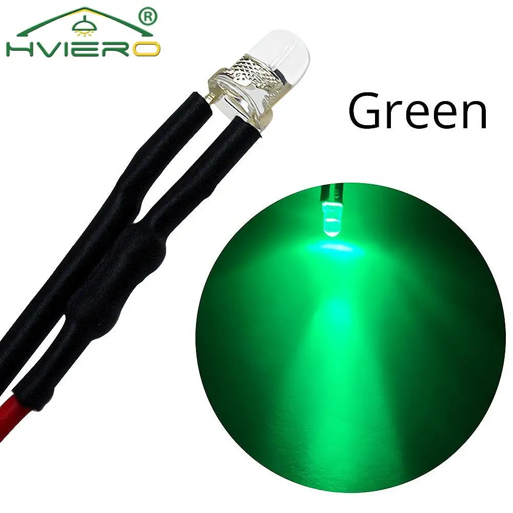 5X Min F3 3mm 20cm Pre Wired LED Round Light Lamp Bulb Chip Beads Cable DC 12V White Warm Red Green Blue Yellow Emitting Diodes