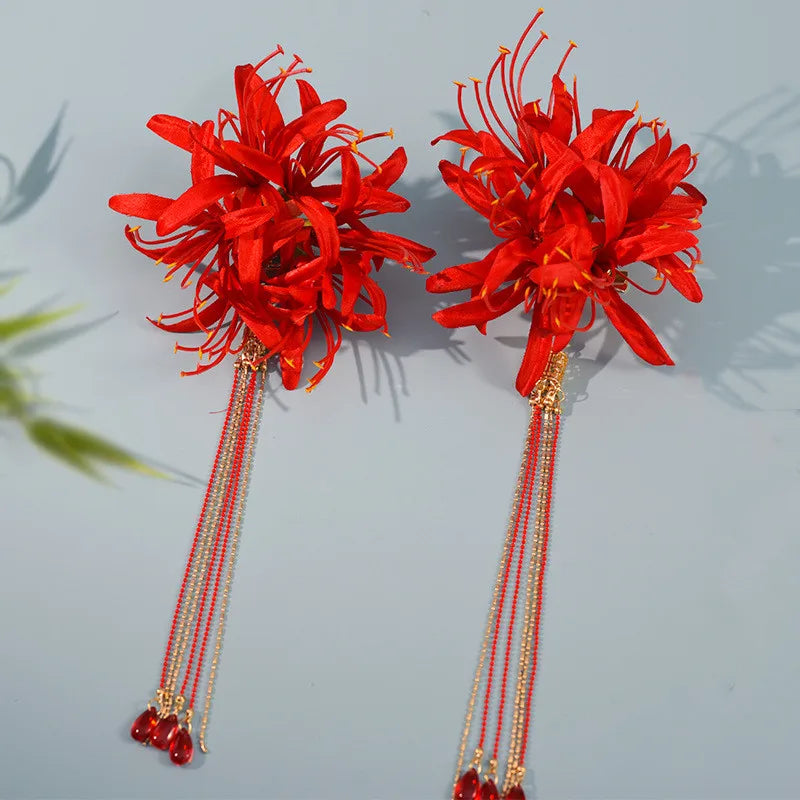 Chinese Hanfu Hair Accessories Red Flower Long Tassels Hair Clip Hairpins Barrettes Vintage Dress Accessories Headwear Jewelry