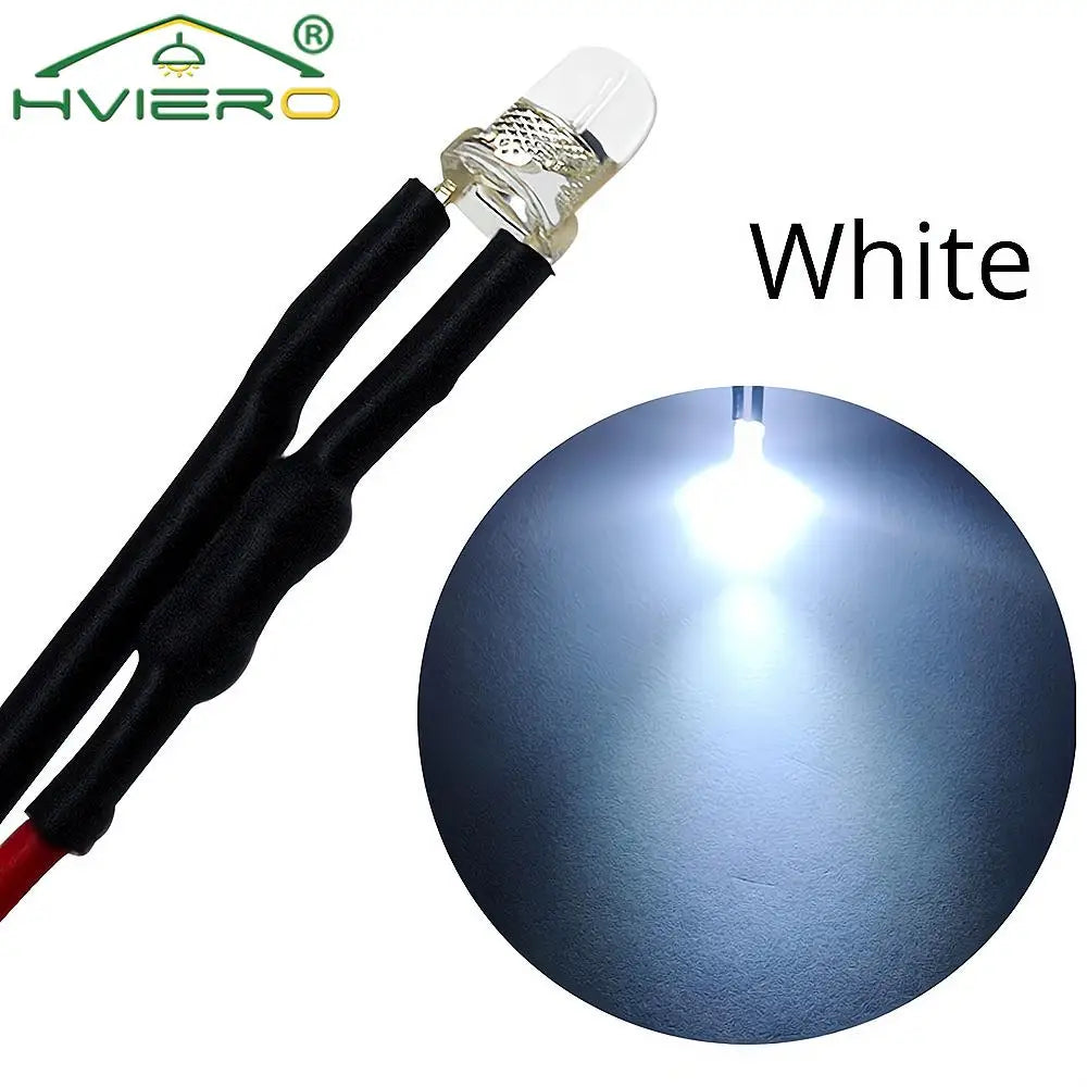 5X Min F3 3mm 20cm Pre Wired LED Round Light Lamp Bulb Chip Beads Cable DC 12V White Warm Red Green Blue Yellow Emitting Diodes