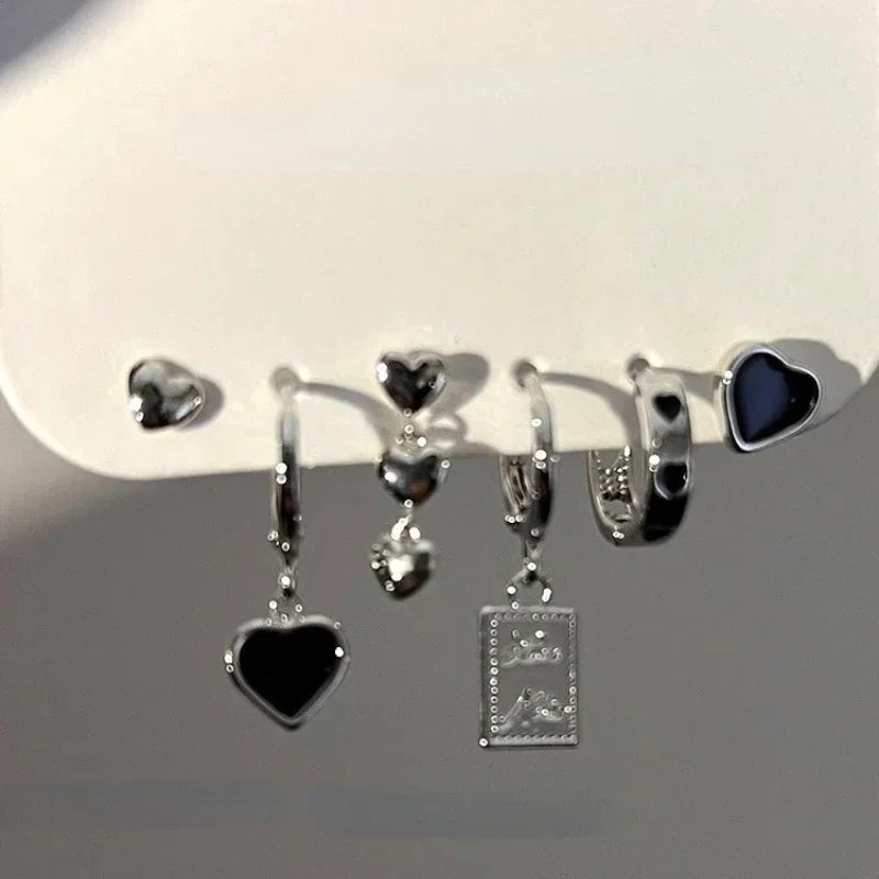 4/6Pcs Asymmetric Love Heart Cherry Drop Dangle Earrings Set Silver Color Elegant Set of Earrings Trend Girls Earring for Women