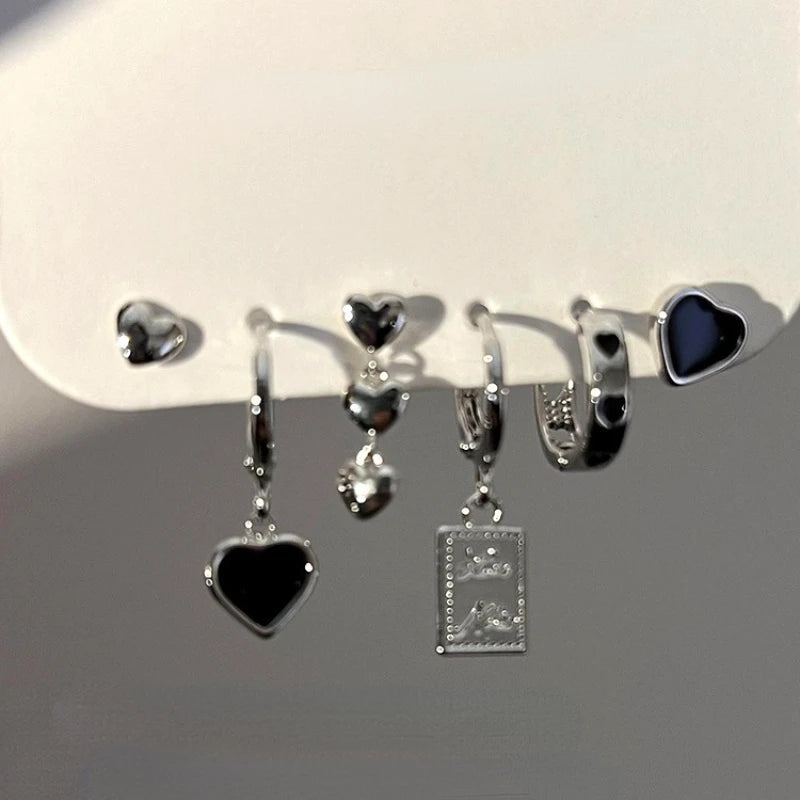 4/6Pcs Asymmetric Love Heart Cherry Drop Dangle Earrings Set Silver Color Elegant Set of Earrings Trend Girls Earring for Women