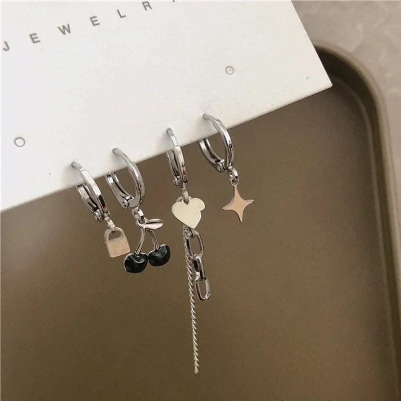 4/6Pcs Asymmetric Love Heart Cherry Drop Dangle Earrings Set Silver Color Elegant Set of Earrings Trend Girls Earring for Women