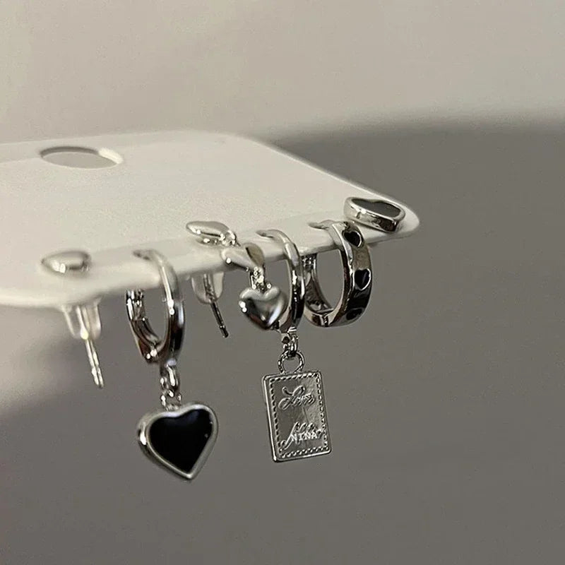 4/6Pcs Asymmetric Love Heart Cherry Drop Dangle Earrings Set Silver Color Elegant Set of Earrings Trend Girls Earring for Women