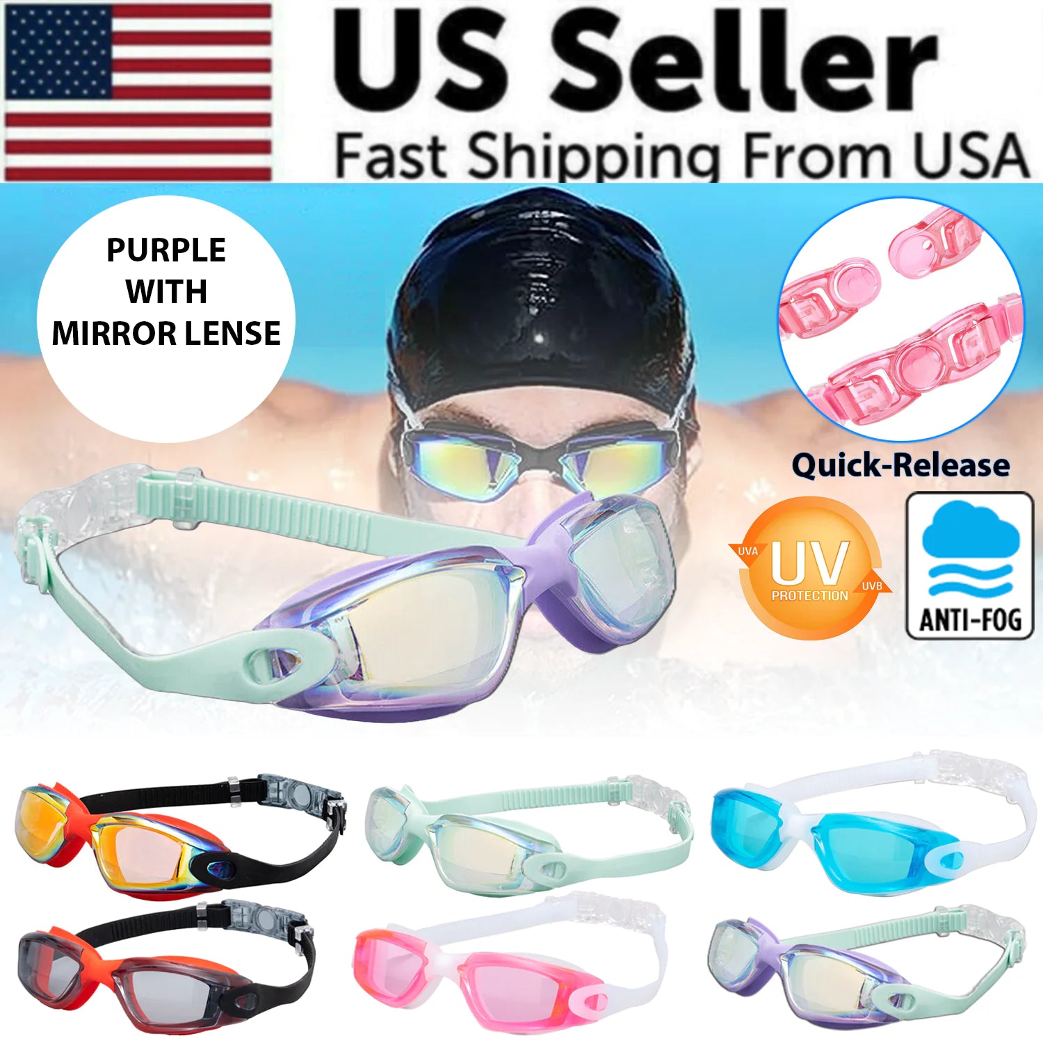 Clear Comfortable Swimming Goggles UV- Anti-Fog Swim Glasses Mirror Adult &amp; Kids