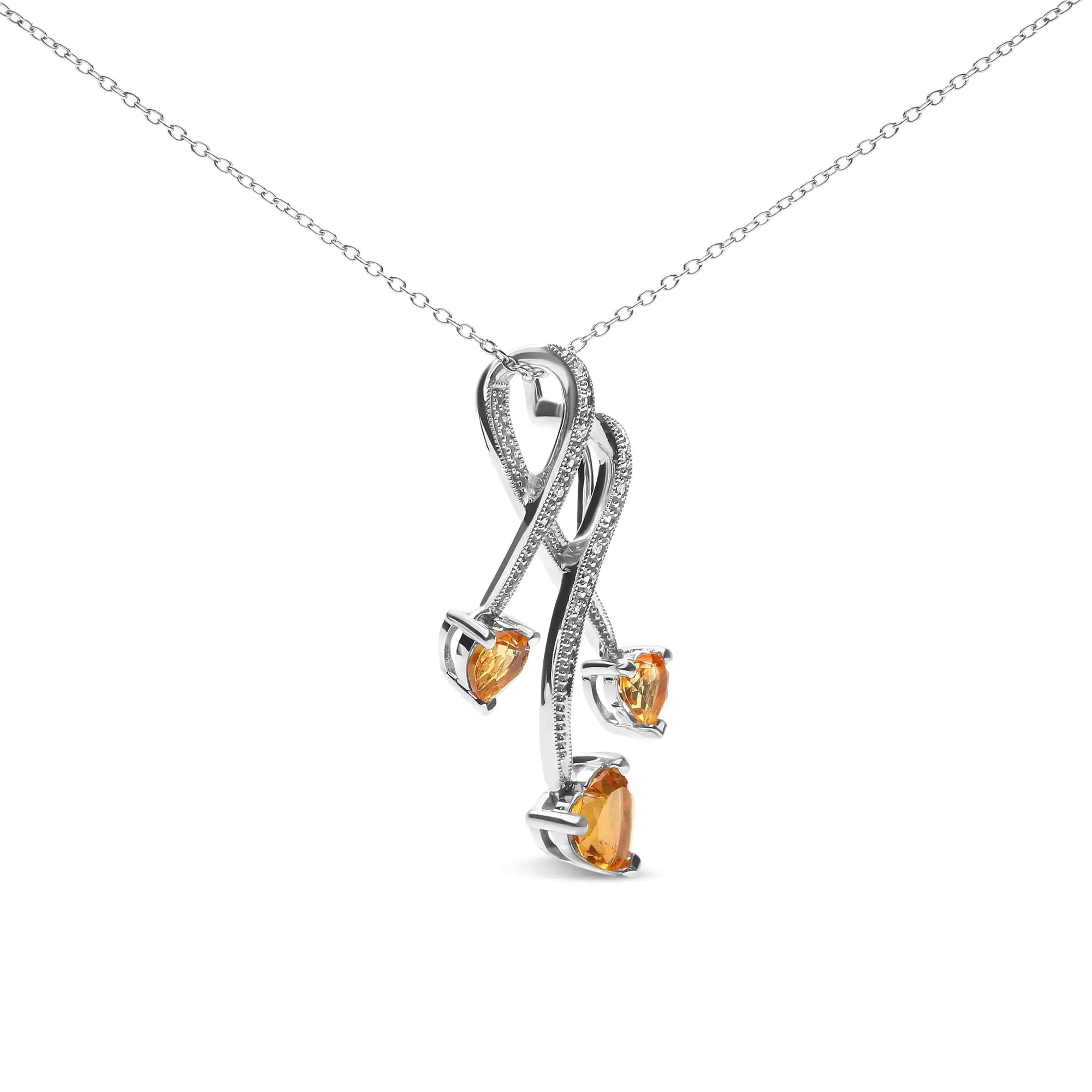 .925 Sterling Silver 3-Stone Heart Shape Citrine and Diamond Accent Spiral Drop 18&quot; Pendant Necklace (H-I Color, SI1-SI2 Clarity)