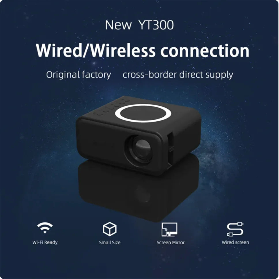 YT300 Mini Portable Projector, 1080P HD with Wired &amp; Wireless Home Theater