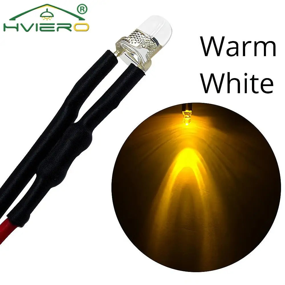 5X Min F3 3mm 20cm Pre Wired LED Round Light Lamp Bulb Chip Beads Cable DC 12V White Warm Red Green Blue Yellow Emitting Diodes