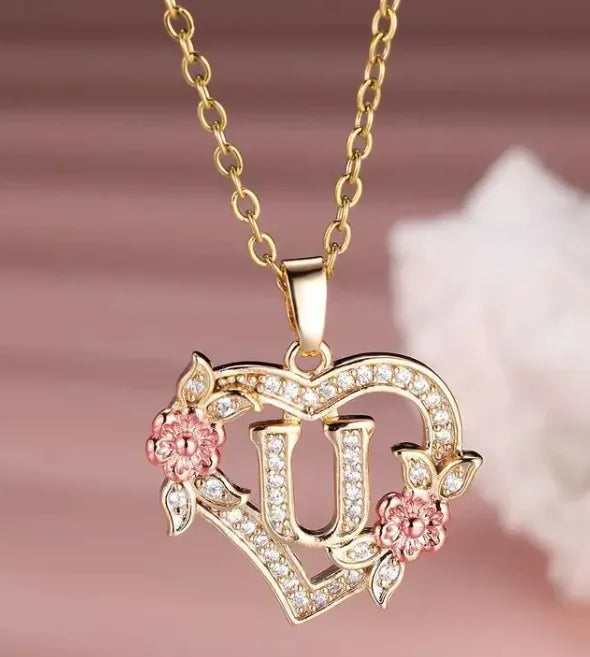 Fashion Hollowed-out Love Heart Flowers Letter Necklace