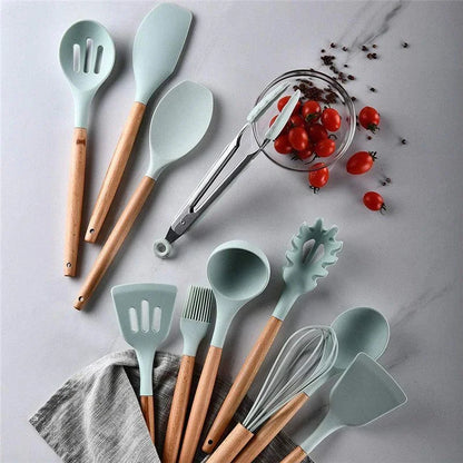 12-Piece Silicone Kitchen Utensil Set with Wooden Handles