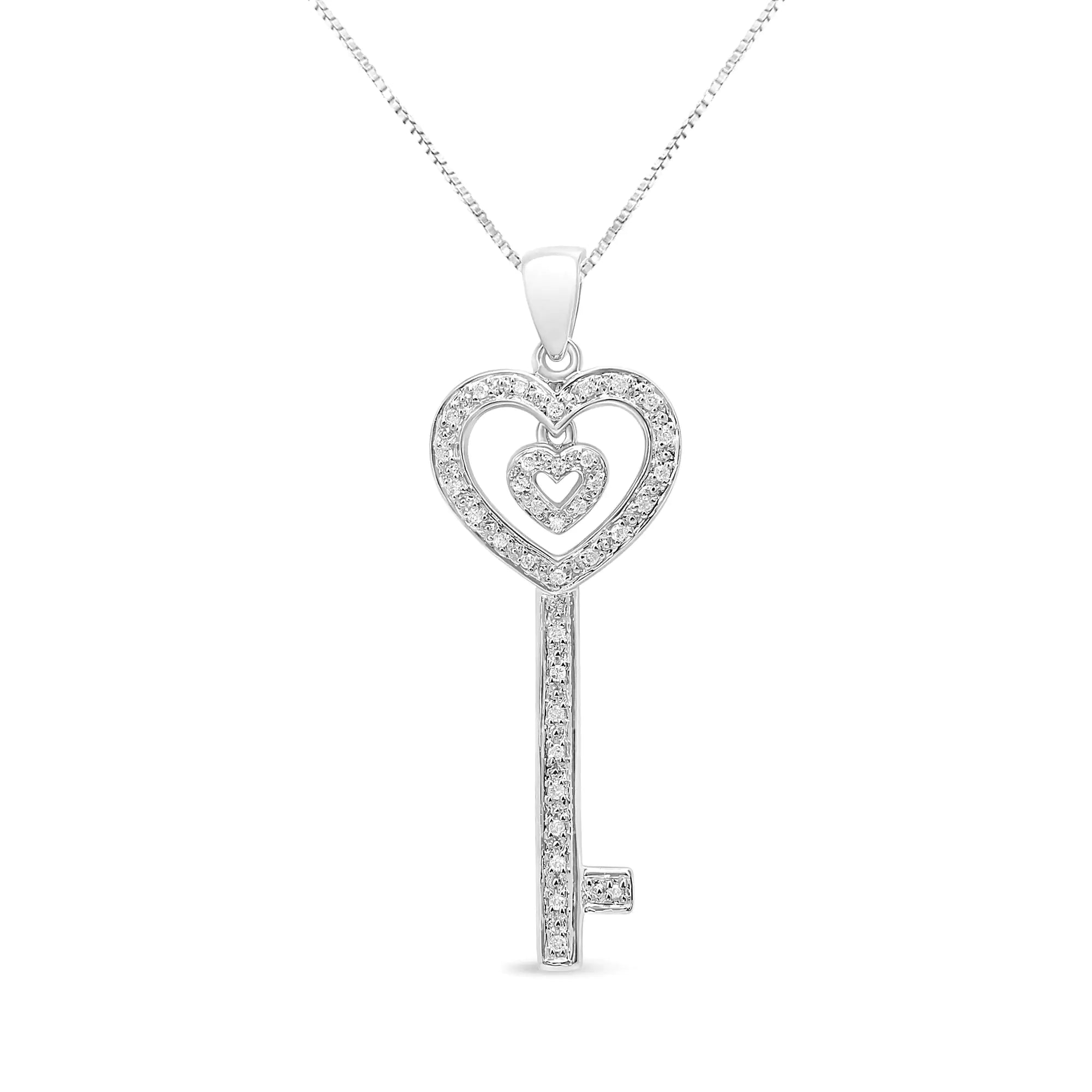 .925 Sterling Silver 1/5 Cttw Round-Cut Diamond Double Heart &amp; Key 18&quot; Pendant Necklace (I-J Color, I3 Clarity)