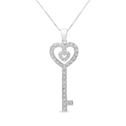 .925 Sterling Silver 1/5 Cttw Round-Cut Diamond Double Heart &amp; Key 18&quot; Pendant Necklace (I-J Color, I3 Clarity)