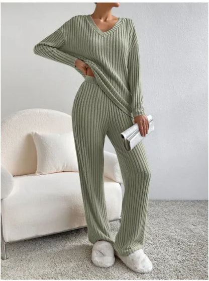 V-Neck Striped Suit &amp; Straight-Leg Pants Set