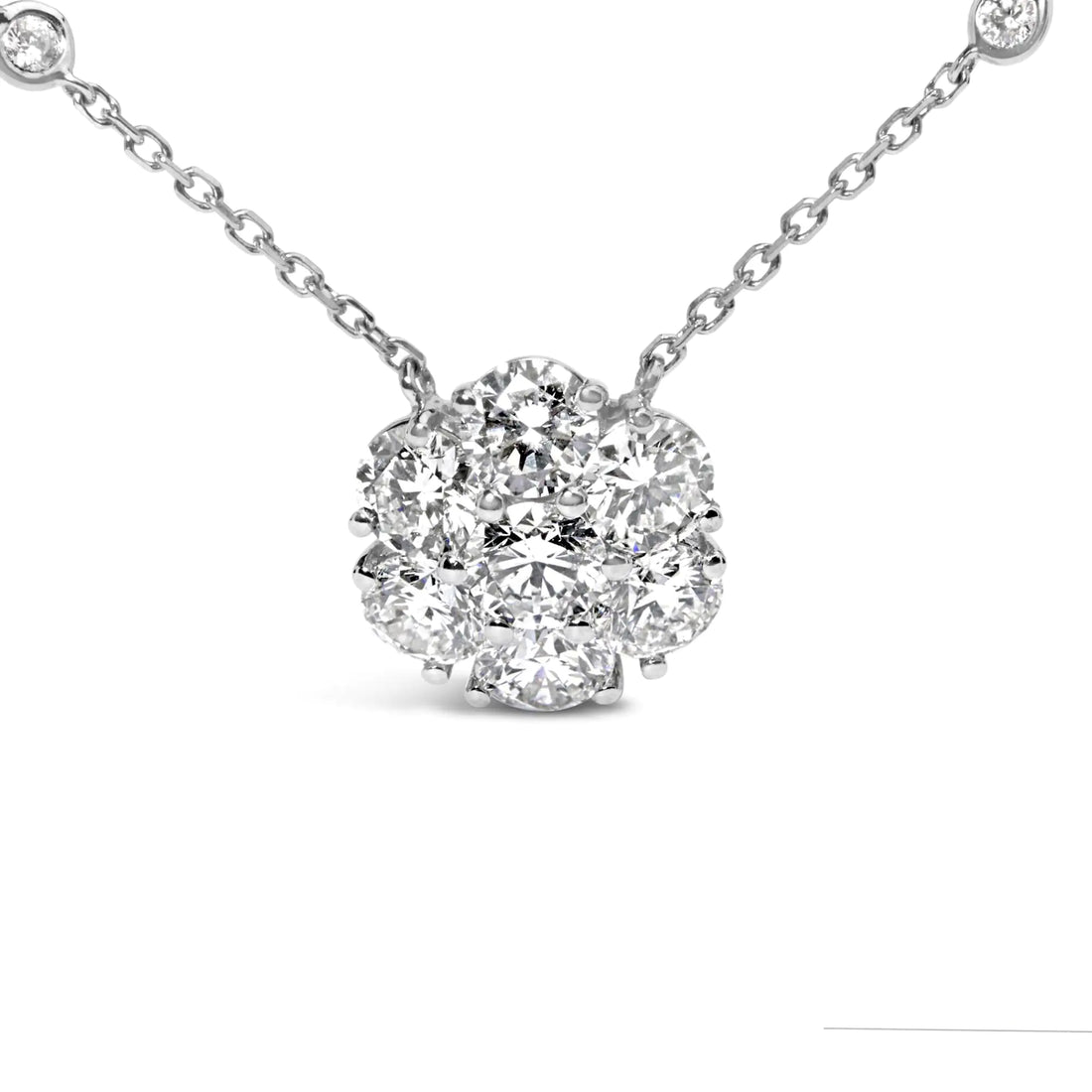 14K White Gold 3.0 Cttw Lab Grown Diamond Floral Cluster and Station 18&quot; Pendant Necklace (G-H Color, VS2-SI1 Clarity)