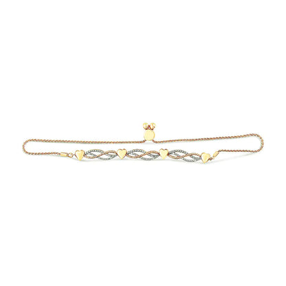 14K Yellow Gold Plated .925 Sterling Silver 1/10 Cttw Diamond Wave and Hearts Bolo Bracelet (I-J Color, I2-I3 Clarity) - 4&quot;-10&quot; Adjustable