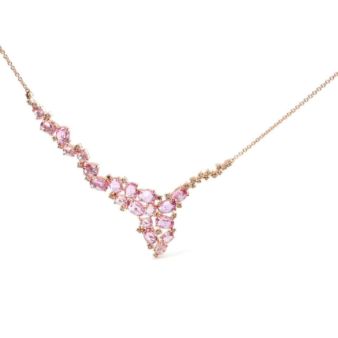 18K Rose Gold 1/2 Cttw Brown Diamond and Multi-Size Oval Pink Sapphire Cluster Cascade Statement Station Necklace (Brown Color, SI1-SI2 Clarity) - Adjustable up to 14&quot; to 16&quot;