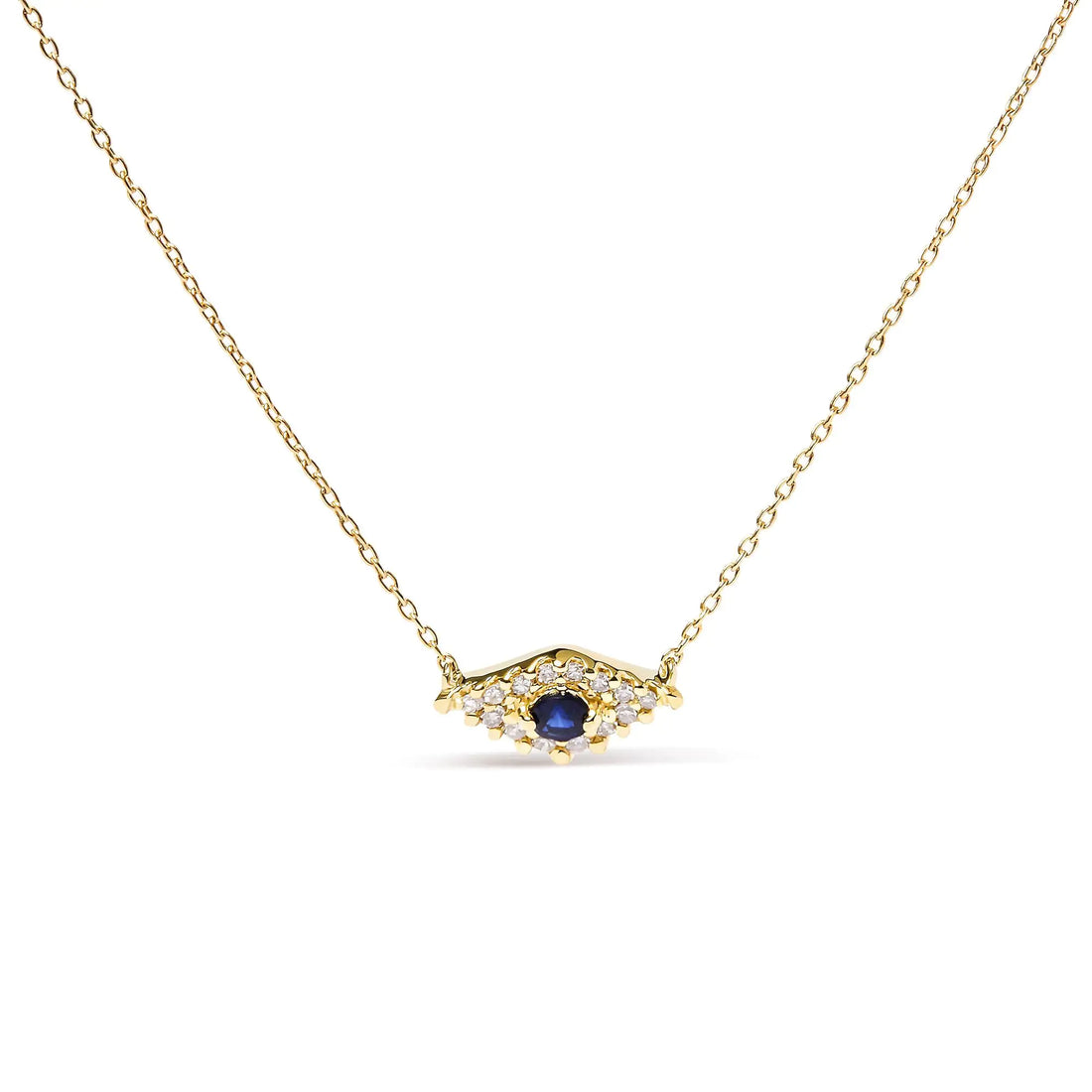 10K Yellow Gold Blue Sapphire and Diamond Accented Evil Eye 18&quot; Inch Pendant Necklace (H-I Color, I1-I2 Clarity)