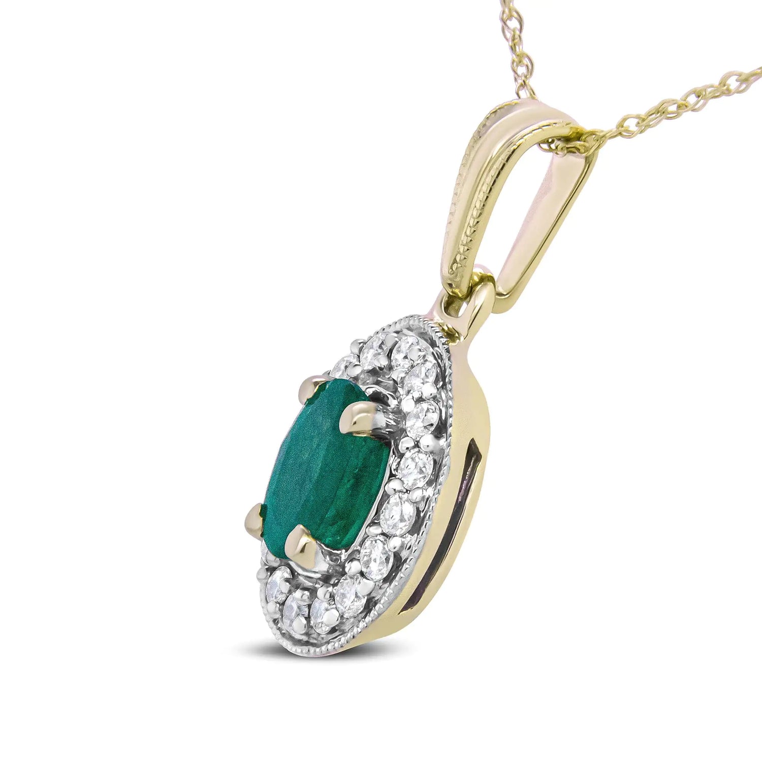 14K Yellow Gold 6x4mm Emerald and 1/5 Cttw Round Diamond Halo Pendant 18&quot; Necklace - (H-I Color, SI1-SI2 Clarity)