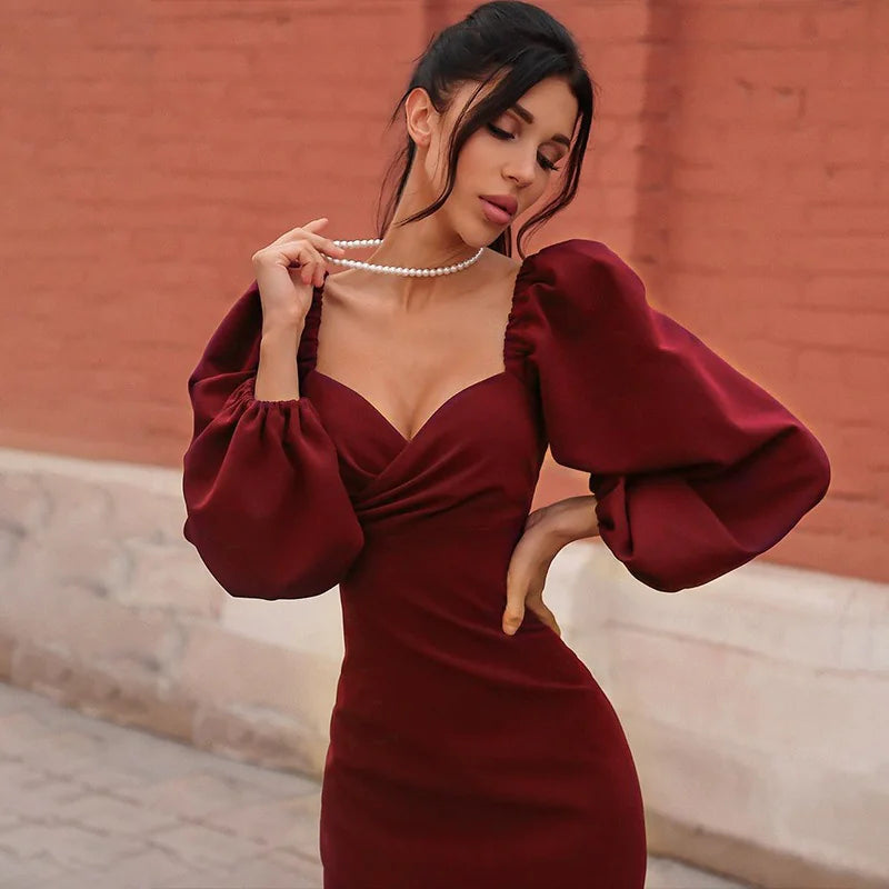 Low-Cut Midi Dress with Fluffy Sleeves