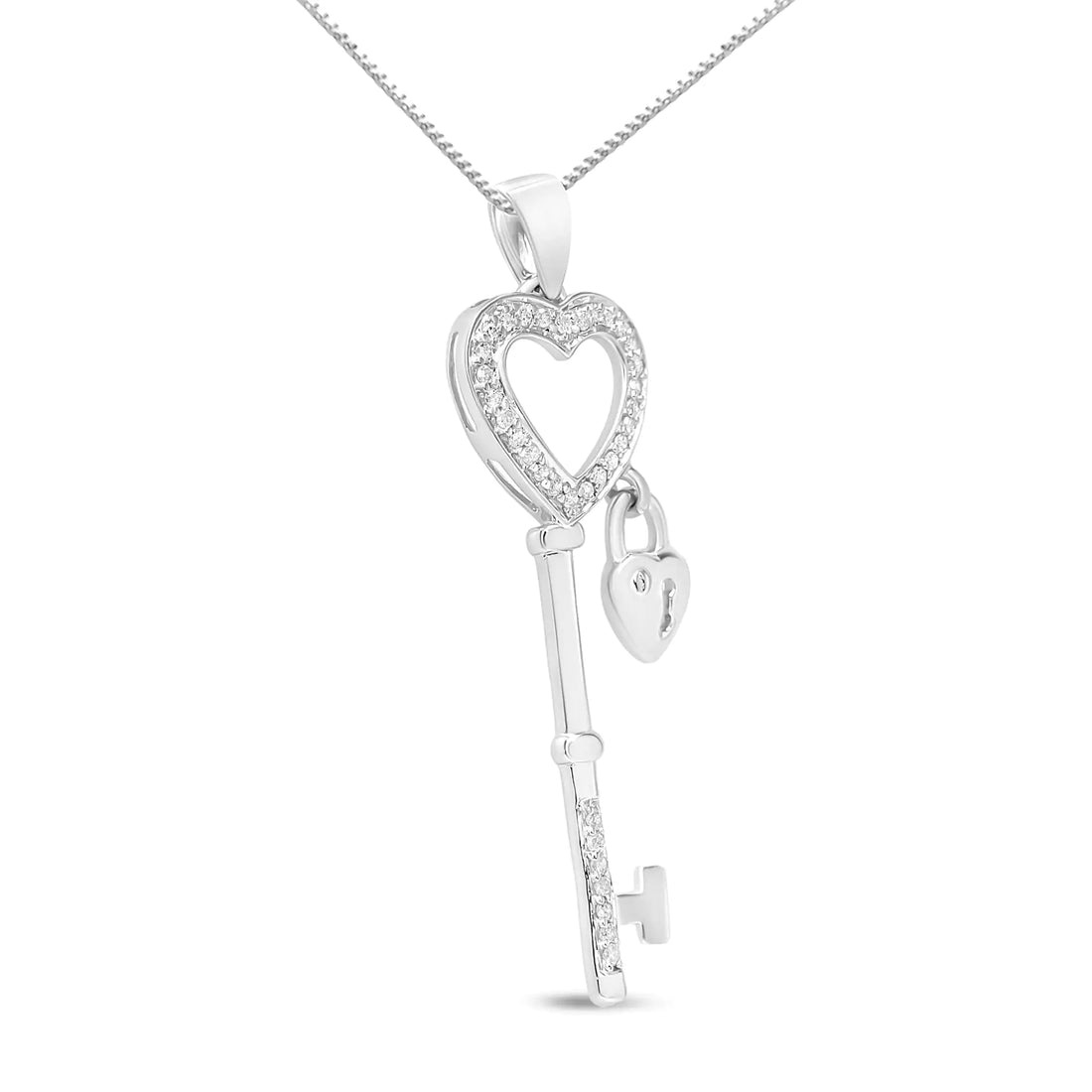 .925 Sterling Silver 1/4 Cttw Diamond Lock &amp; Key heart 18&quot; Pendant Necklace (I-J Color, I3 Clarity)