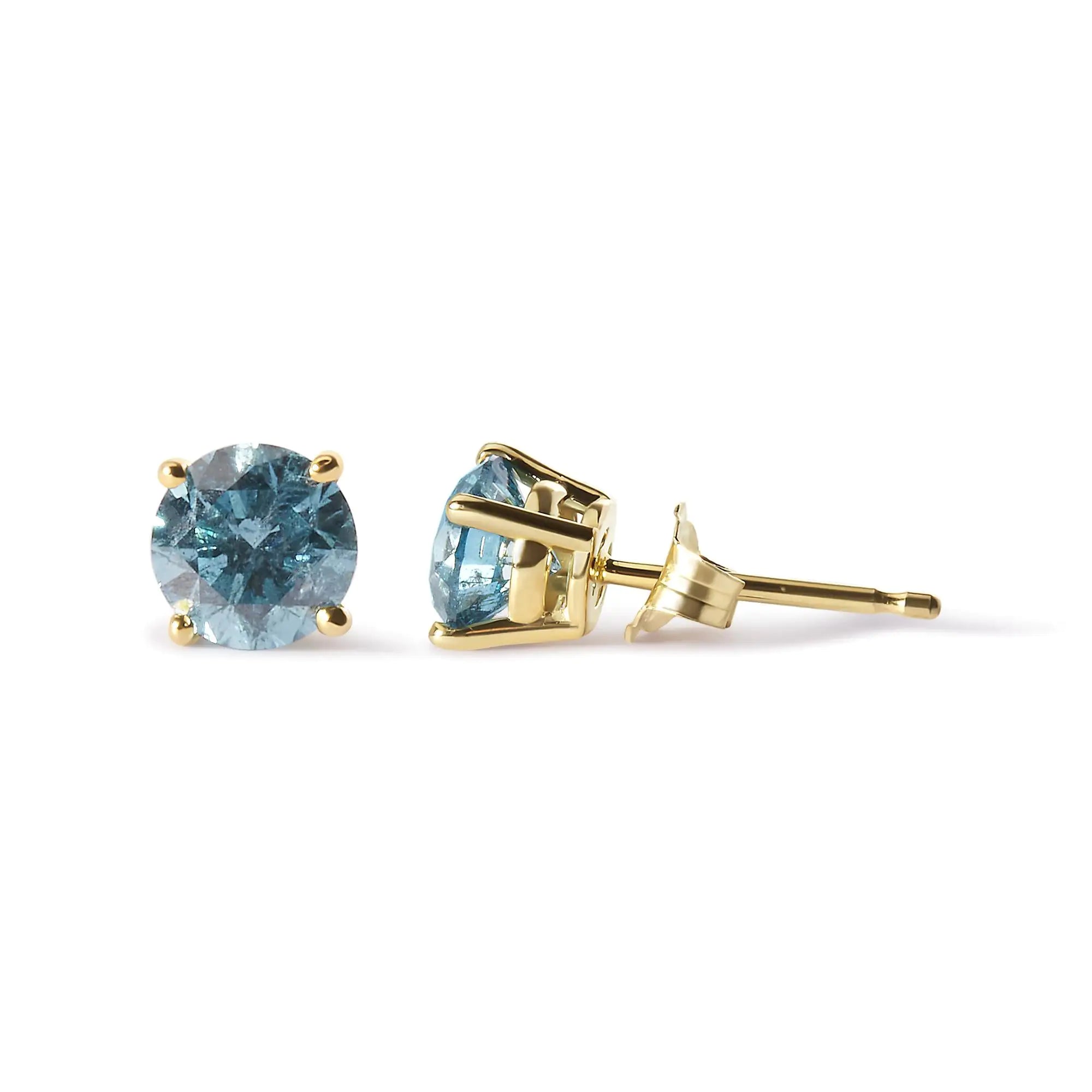 14K Yellow Gold 1.0 Cttw Treated Aqua Blue Diamond Classic Solitaire Stud Earrings (Aqua Blue Color, I2-I3 Clarity)