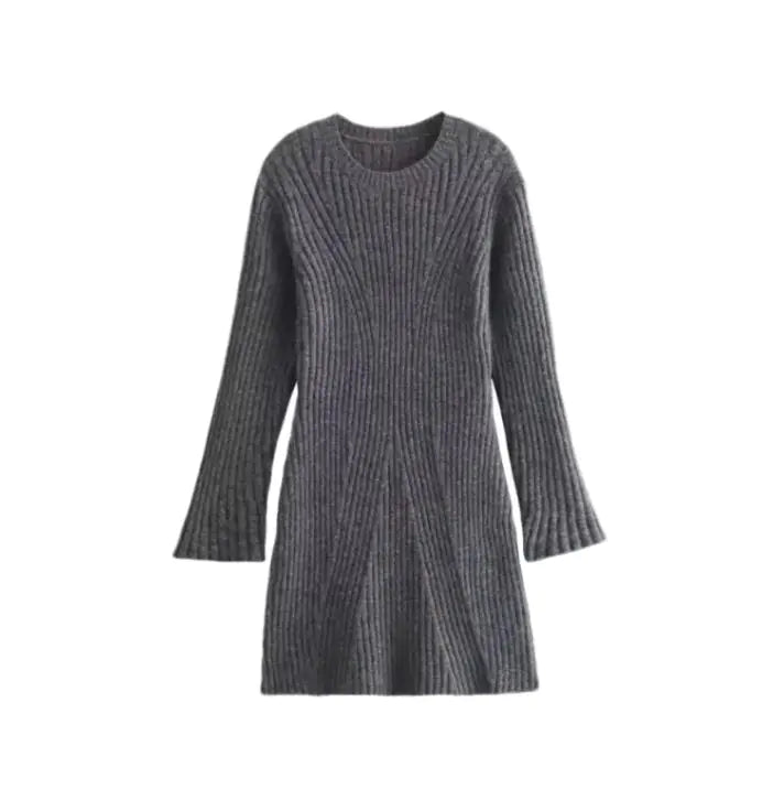 Fashion Solid Ribbed Knitted Dress Fall And Winter Slim-fit Stand-up Collar A-line Dresses Women&