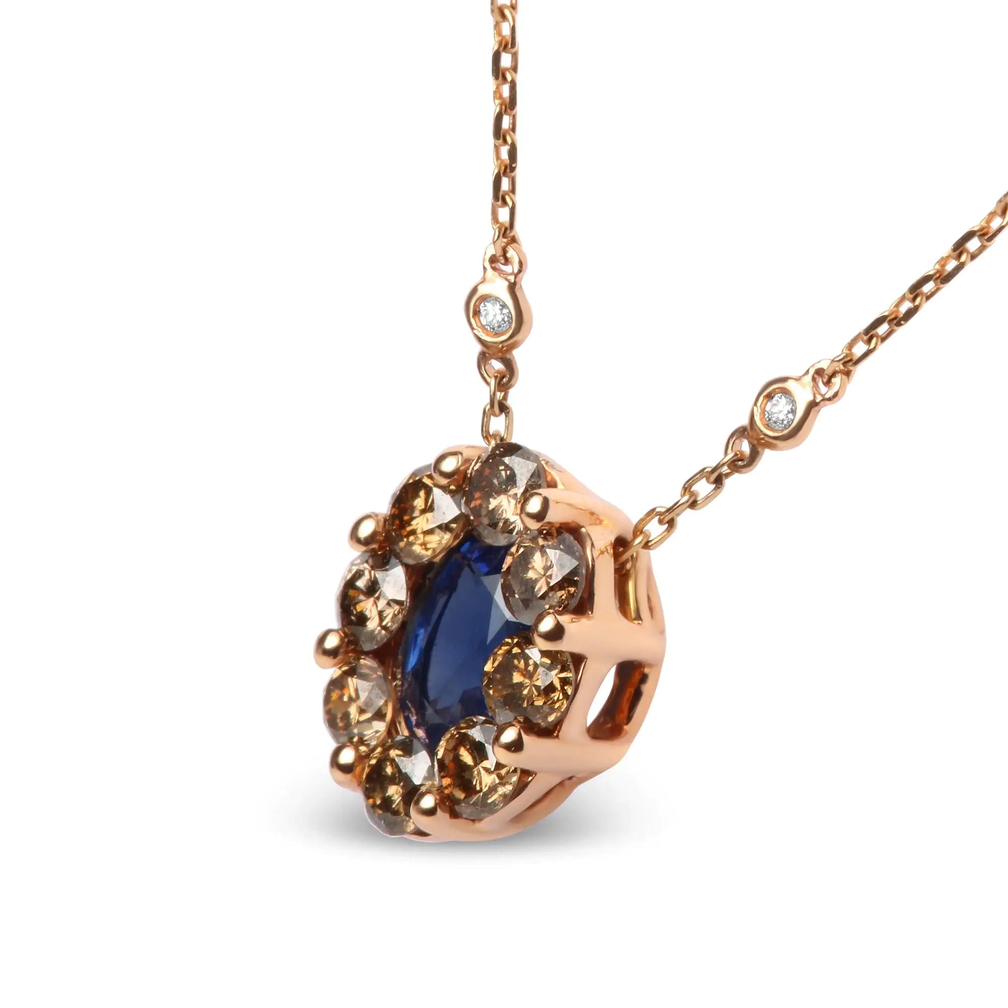 18K Rose Gold 5/8 Cttw White and Brown Diamond Accent and 7 x 4mm Oval Blue Sapphire Gemstone Statement Halo Cluster Pendant Necklace (Brown and G-H Color, SI1-SI2 Clarity) - Adjustable up to 16&quot; - 18&quot;