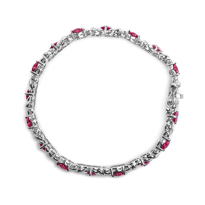 .925 Sterling Silver Created Heart Shape Red Ruby and White Diamond Accent Link Bracelet (I-J Color, I3 Clarity)- 7.25&quot; Inches