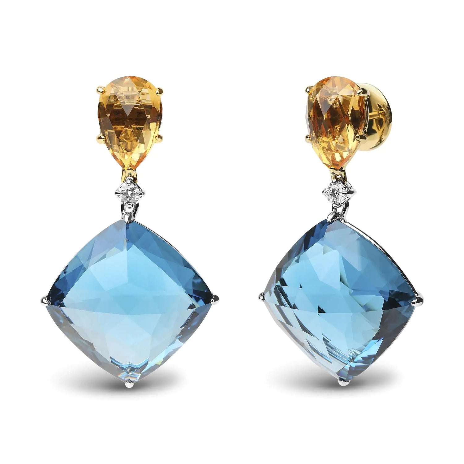 18K White and Yellow Gold 1/6 Cttw Diamond with Pear Cut Yellow Citrine and 20mm Cushion Cut Blue Topaz Gemstone Dangle Earrings (G-H Color, SI1-SI2 Clarity)