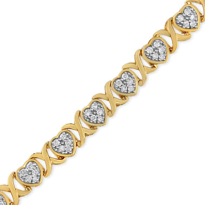 14KY Yellow Gold Plated .925 Sterling Silver 1.00 Cttw Diamond Heart and X Link Bracelet (I-J Color, I3 Clarity) - 7.25&quot; Inches