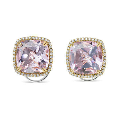 18K Rose and White Gold 9/10 Cttw Round Diamond and 15mm Cushion Cut Rose De France Pink Amethyst Gemstone Clip On Stud Earring (G-H Color, SI1-SI2 Clarity)