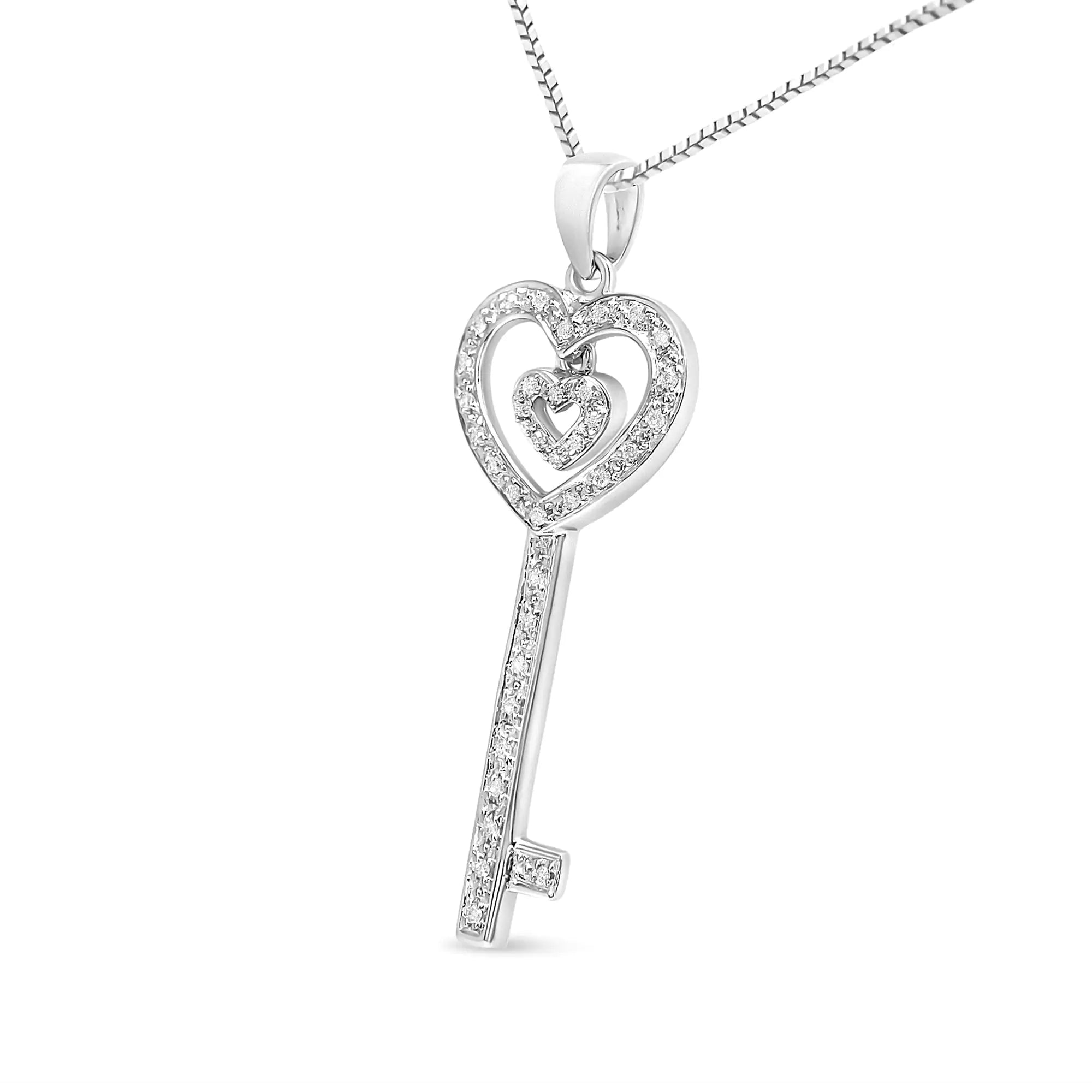 .925 Sterling Silver 1/5 Cttw Round-Cut Diamond Double Heart &amp; Key 18&quot; Pendant Necklace (I-J Color, I3 Clarity)