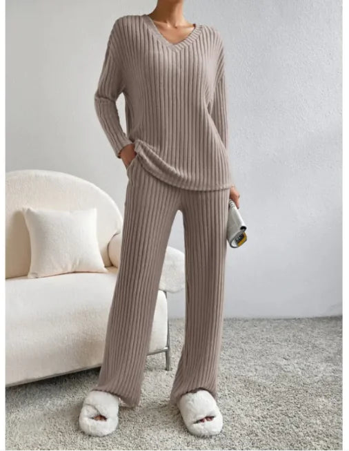 V-Neck Striped Suit &amp; Straight-Leg Pants Set