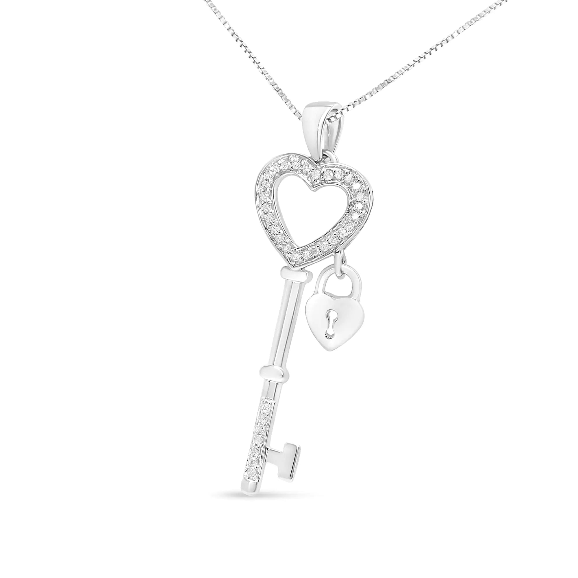 .925 Sterling Silver 1/4 Cttw Diamond Lock &amp; Key heart 18&quot; Pendant Necklace (I-J Color, I3 Clarity)